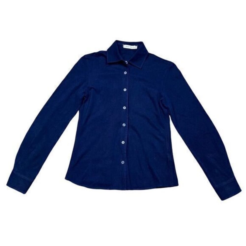 Lingua Franca Navy Blue All Rise Embroidered Cotton Knit Button Down Shirt Small